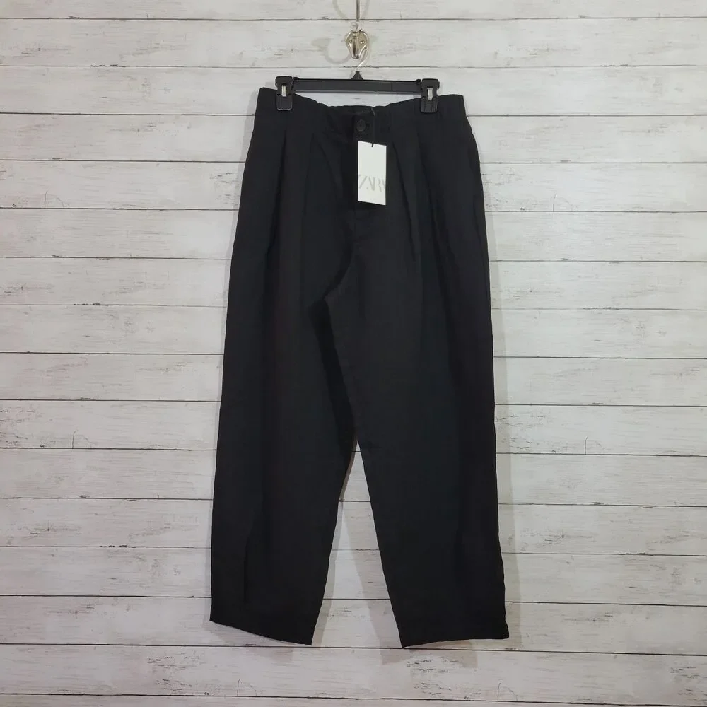 ZARA Womens Medium Linen Black High-Waisted Pleated Wide Leg Trousers‎ Pants NWT